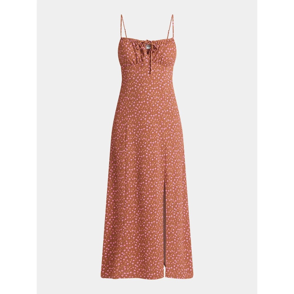 Babydoll Ditsy Floral Maxi Dress Y2K Vibe Sz XS Cinnamon‎ Brown Pink Flowers NWT